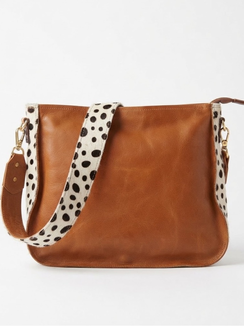 Handmade Genuine Leather Cow Hair Crossbody Bag Cognac $201 Retail NWT